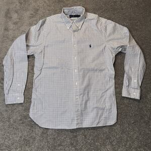 Ralph Lauren Button Down SZ 17 Windowpane Check Blue White Shirt Blue Pony Logo